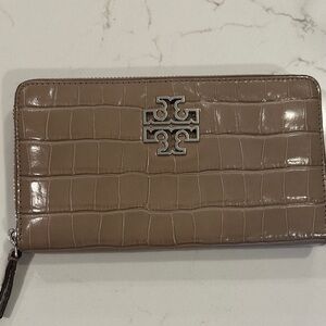 Tory Burch Croc-Embossed Zip Around Wallet in Taupe